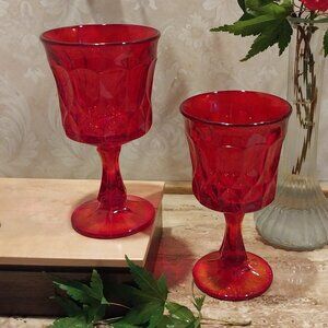 Pair Vintage Noritake Perspective Ruby Red Water Glass Goblet, Set of 2